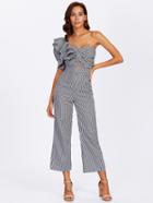Shein One Side Flounce Sleeve Twisted Striped Jumpsuit