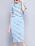 Shein Blue Crew Neck Mesh Top With Skirt