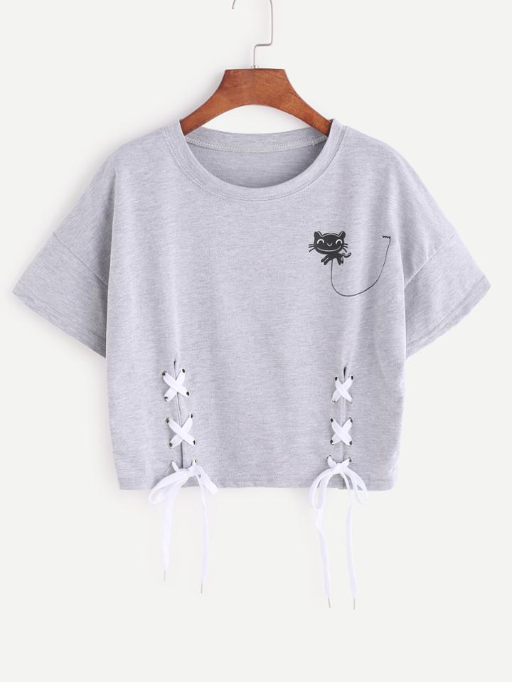 Shein Heather Grey Cartoon Print Lace Up Side Crop T-shirt