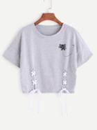 Shein Heather Grey Cartoon Print Lace Up Side Crop T-shirt