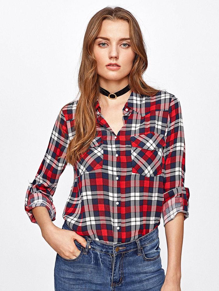 Shein Flap Pocket Plaid High Low Blouse