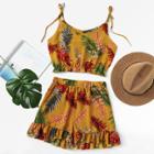 Shein Jungle Print Frill Crop Top With Ruffle Shorts