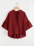 Shein Tie Front Fluted Sleeve Dip Hem Blouse