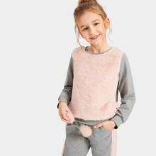Shein Girls Contrast Faux Fur Pullover & Pants Set