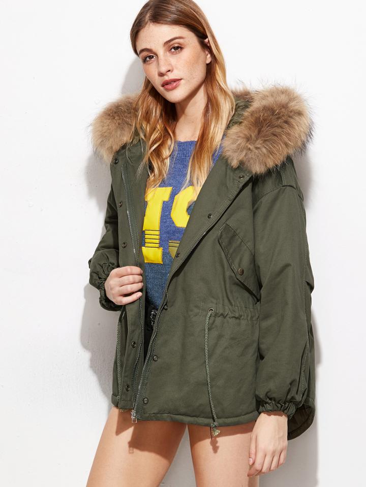 Shein Dip Hem Drawstring Hooded Coat With Faux Fur Trim