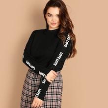 Shein Plus Letter Tape Detail Sleeve Ribbed Top