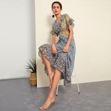 Shein Ruffle Detail Bell Sleeve Floral Dress