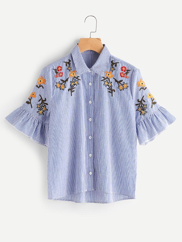 Shein Trumpet Sleeve Flower Embroidered Pinstripe Blouse