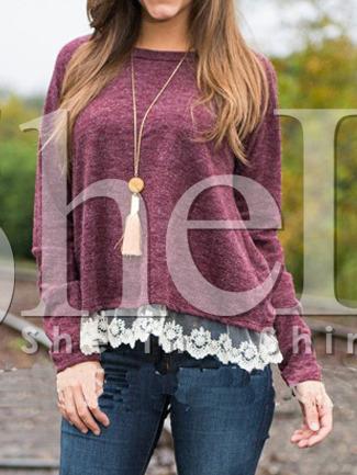 Shein Burgundy Long Sleeve Round Neck Lace Hem T-shirt