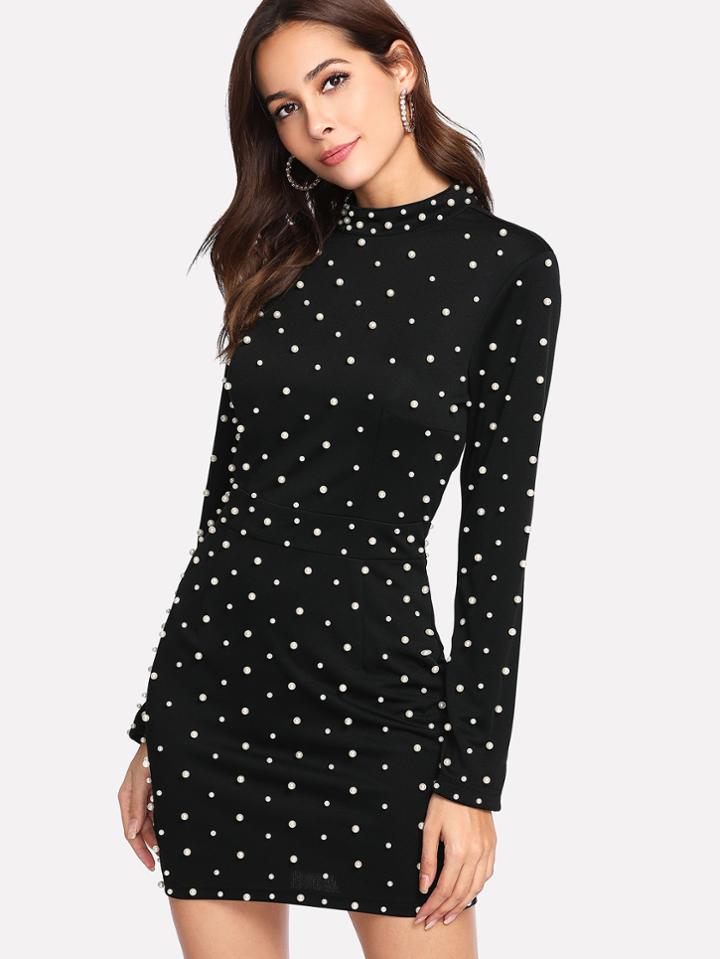Shein Faux Pearl Contrast Zip Back Pencil Dress