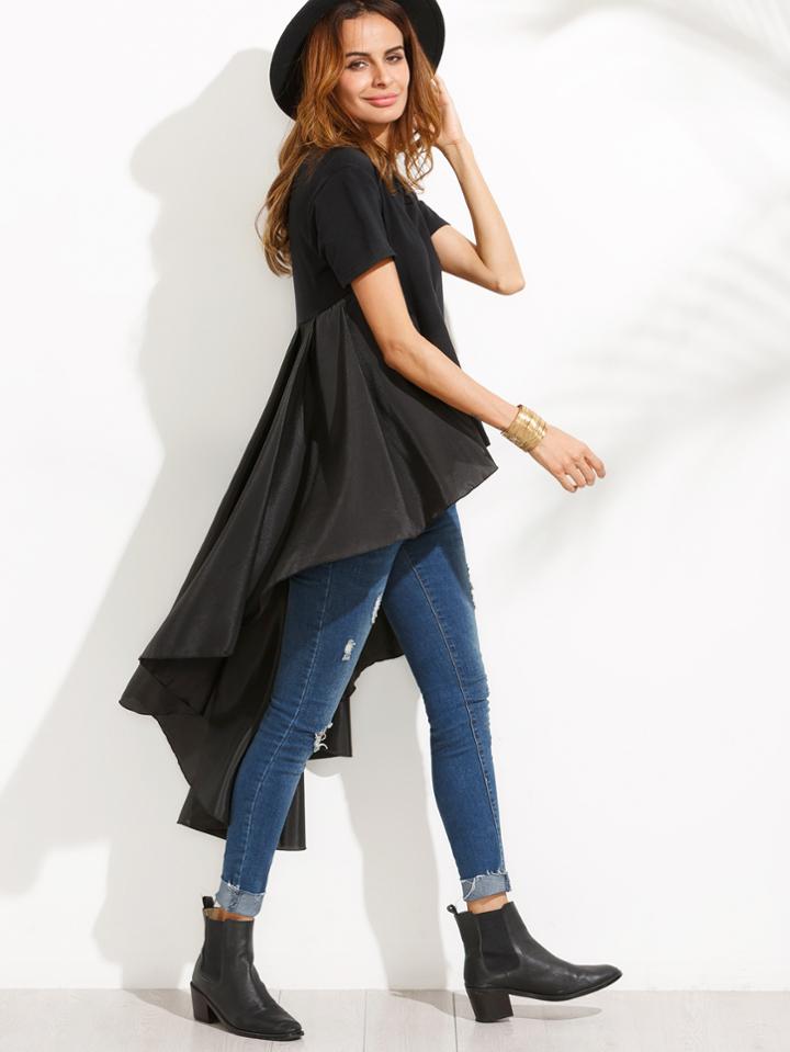 Shein Black High Low Top With Ruffle Tail