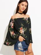 Shein Rose Print Bell Sleeve Off The Shoulder Top