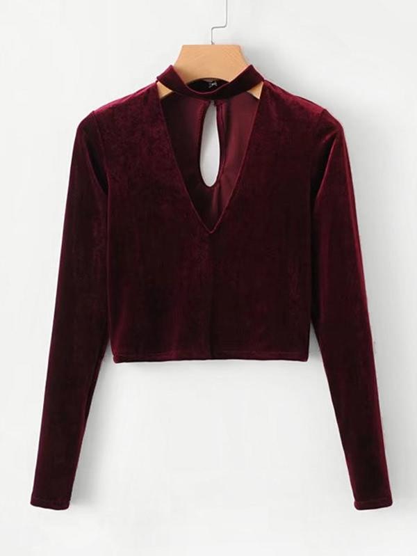 Shein V Cut Choker Neck Velvet Crop Top