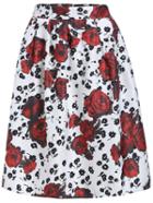 Shein Red White Rose Print Flare Skirt