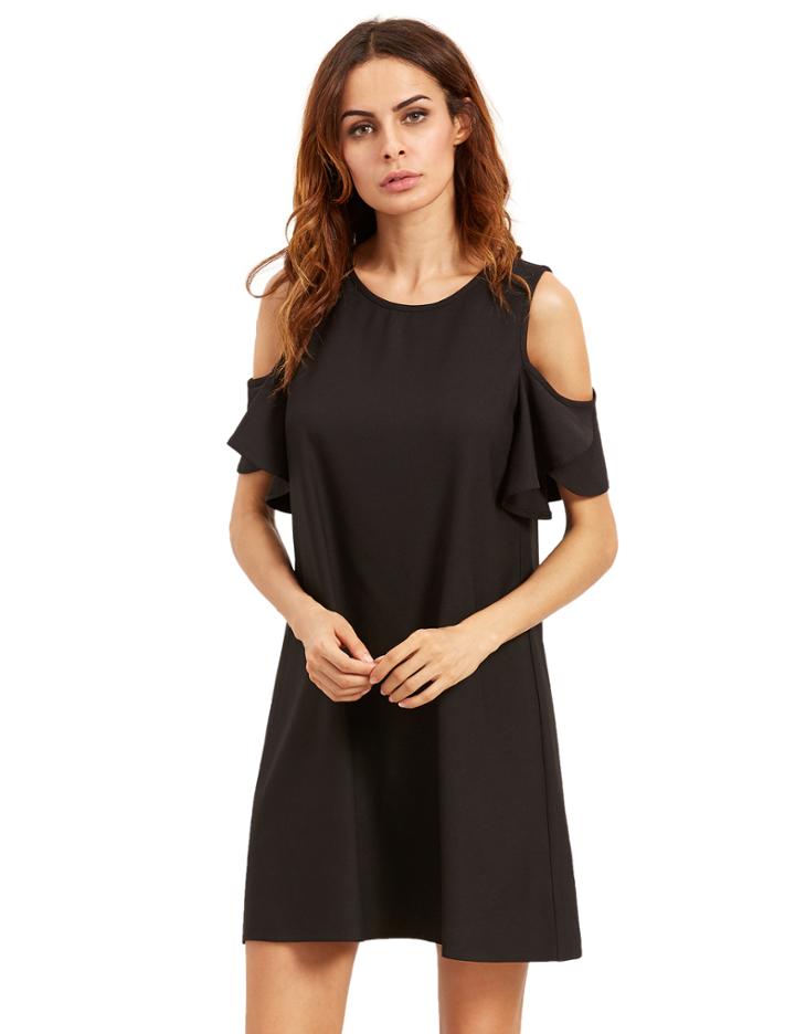 Shein Black Cold Shoulder Ruffle Sleeves Shift Dress