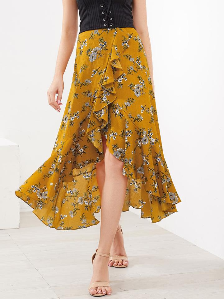 Shein Calico Print Frill Tulip Hem Skirt