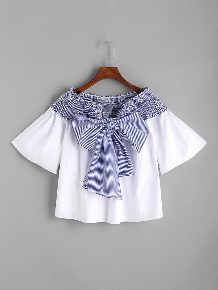 Shein Contrast Striped Bow Tie Shirred Top