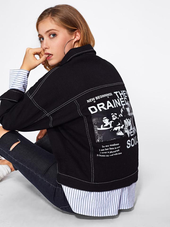 Shein Stitch Detail Letter Print Denim Jacket