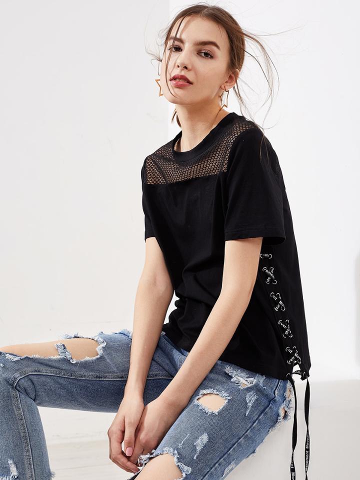Shein Fishnet Yoke Eyelet Lace Up Side T-shirt