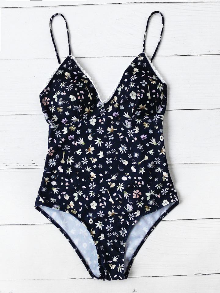 Shein Daisy Print Plunge Neck  One Piece Swimsuit