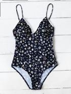 Shein Daisy Print Plunge Neck  One Piece Swimsuit