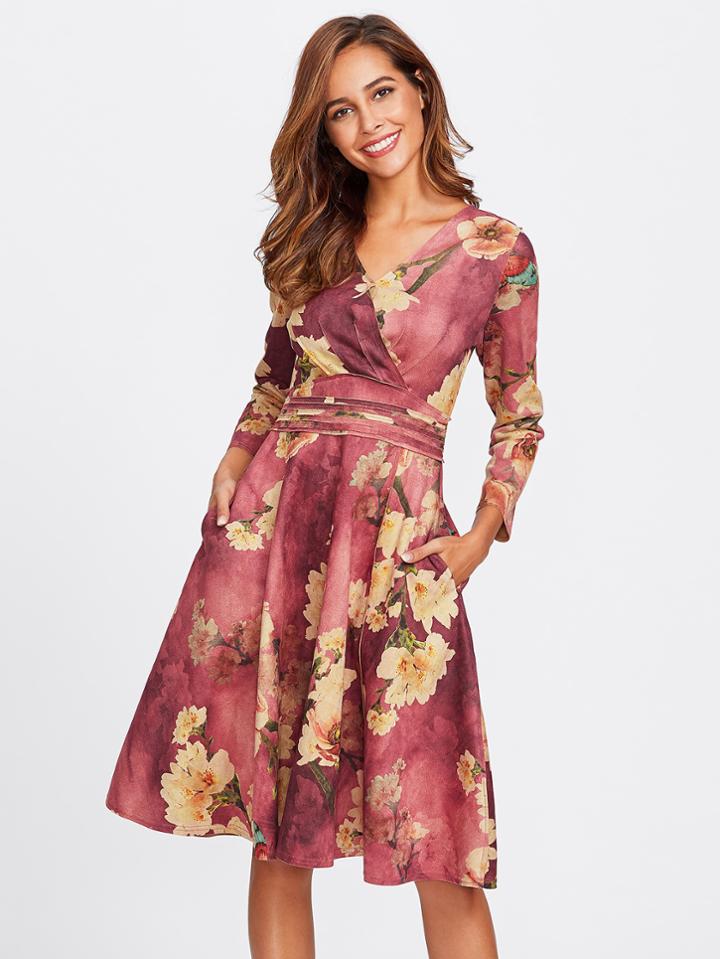 Shein Floral Print Random Zip Back Surplice Dress