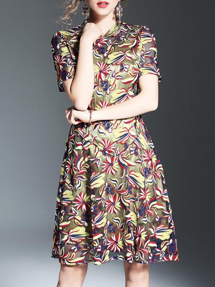 Shein Gold Gauze Flowers Embroidered A-line Dress