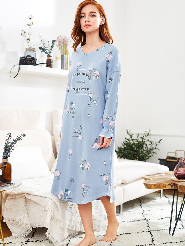 Shein Cartoon Print Layer Frill Cuff Night Dress