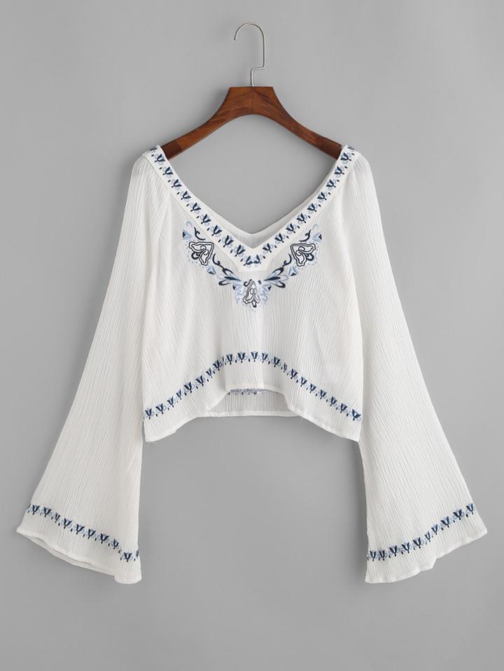 Shein Flute Sleeve Embroidered Crop Top