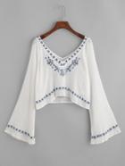Shein Flute Sleeve Embroidered Crop Top