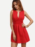 Shein Red V Notch Box Pleat Skater Dress