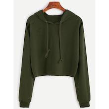 Shein Army Green Drop Shoulder Ripped Hooded Crop Sweatshirt
