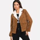 Shein Button & Pocket Front Faux Fur Contrast Corduroy Coat