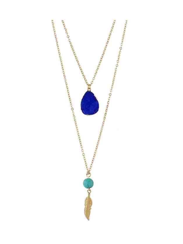 Shein Blue Boho Style Double Layer Artificial Turquoise Feather Pendand Necklace