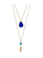Shein Blue Boho Style Double Layer Artificial Turquoise Feather Pendand Necklace