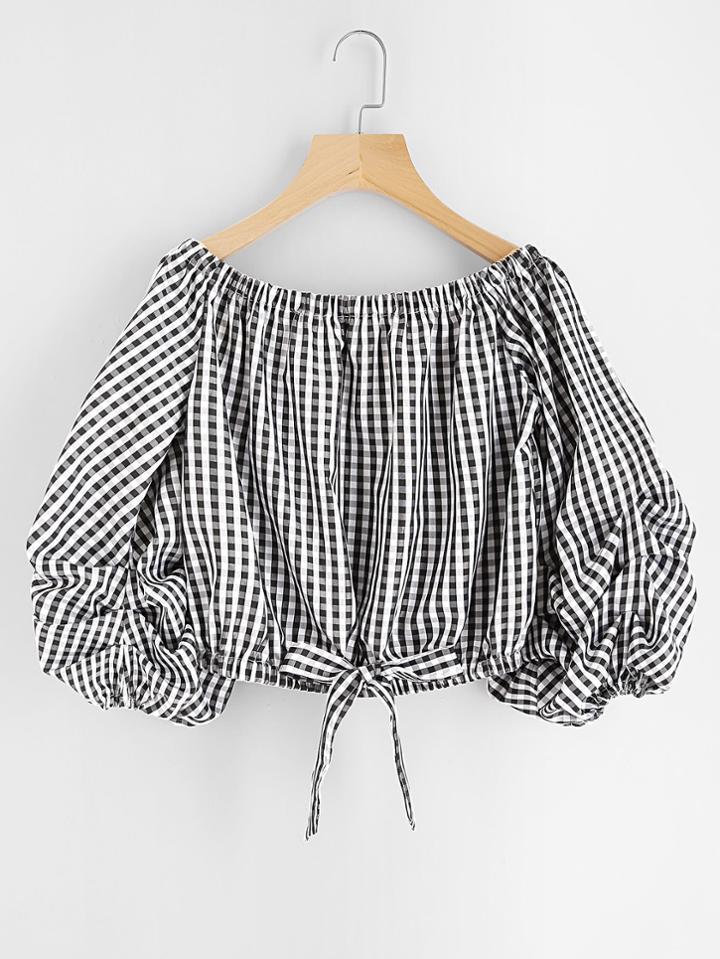 Shein Gingham Lantern Sleeve Drawstring Hem Blouse