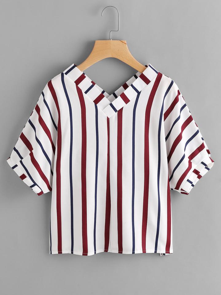 Shein Double V Neckline Stripe Blouse