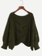 Shein Army Green Lantern Sleeve Hollow Chunky Knit Sweater