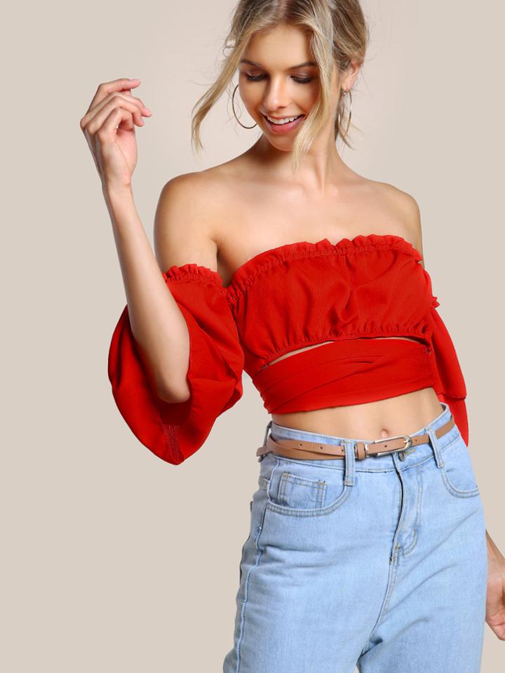 Shein Self Tie Layered Sleeve Crop Bardot Top