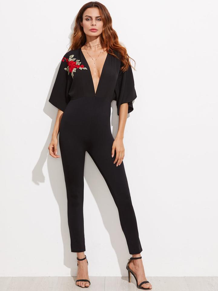 Shein Plunge Embroidery Applique Kimono Sleeve Skinny Jumpsuit
