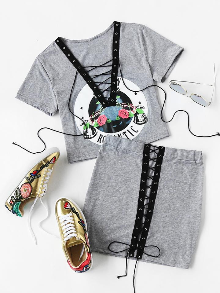 Shein Eyelet Lace Up Crop Tee With Skirt