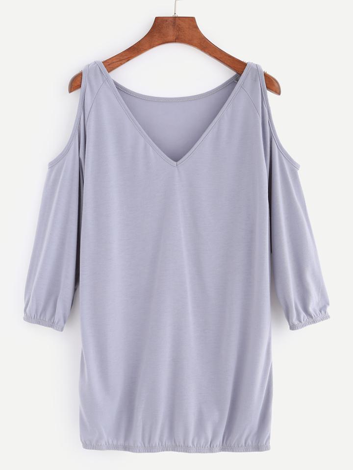 Shein Grey V Neck Open Shoulder T-shirt