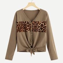Shein Contrast Leopard Print Knot Hem Tee