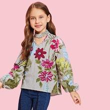 Shein Girls Flower And Striped Print Top