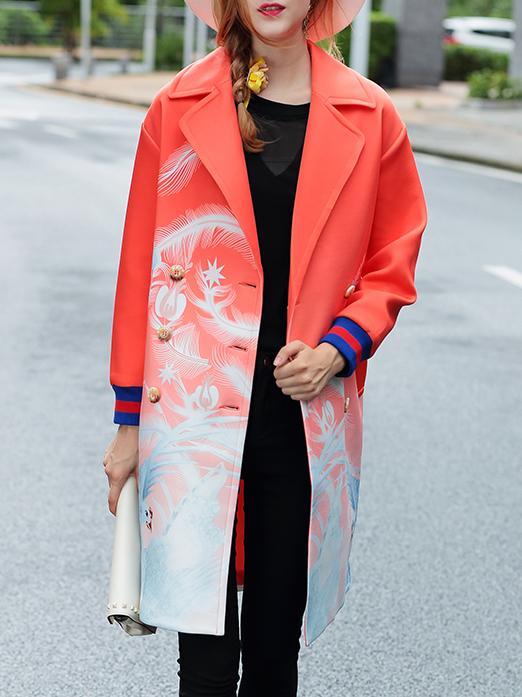 Shein Orange Lapel Birds Print Pockets Coat