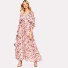 Shein Gathered Sleeve Wide Waistband Ditsy Kimono Dress
