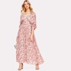Shein Gathered Sleeve Wide Waistband Ditsy Kimono Dress