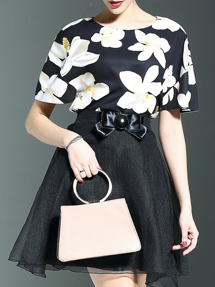 Shein Black Round Neck Short Sleeve Print Top With Bow Skirt