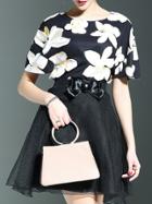 Shein Black Round Neck Short Sleeve Print Top With Bow Skirt