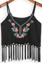Shein Black Spaghetti Strap Embroidered Tassel Cami Top